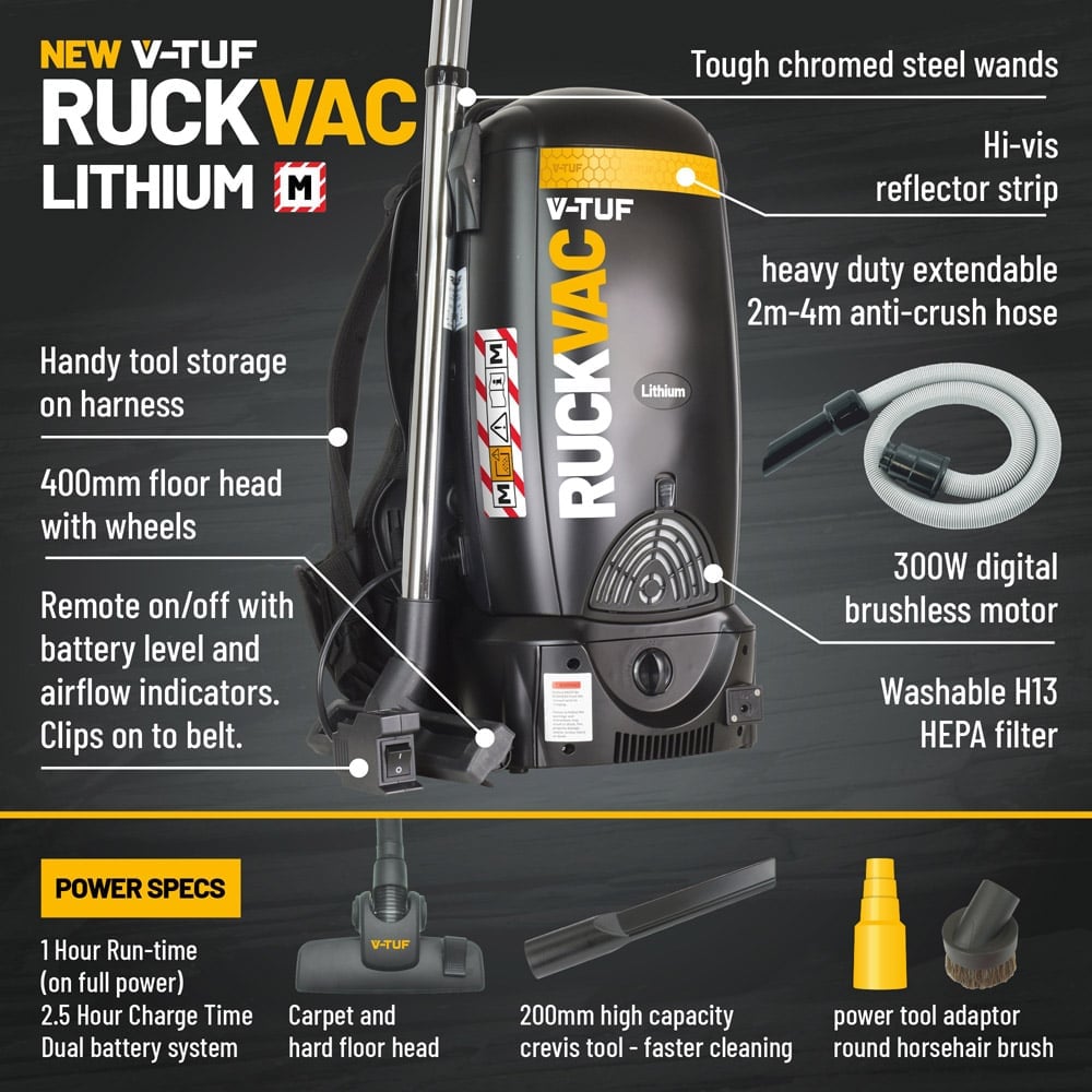 V-TUF RUCKVAC M Class Cordless Backpack Vacuum Cleaner with HEPA Filtration 300W Image 3