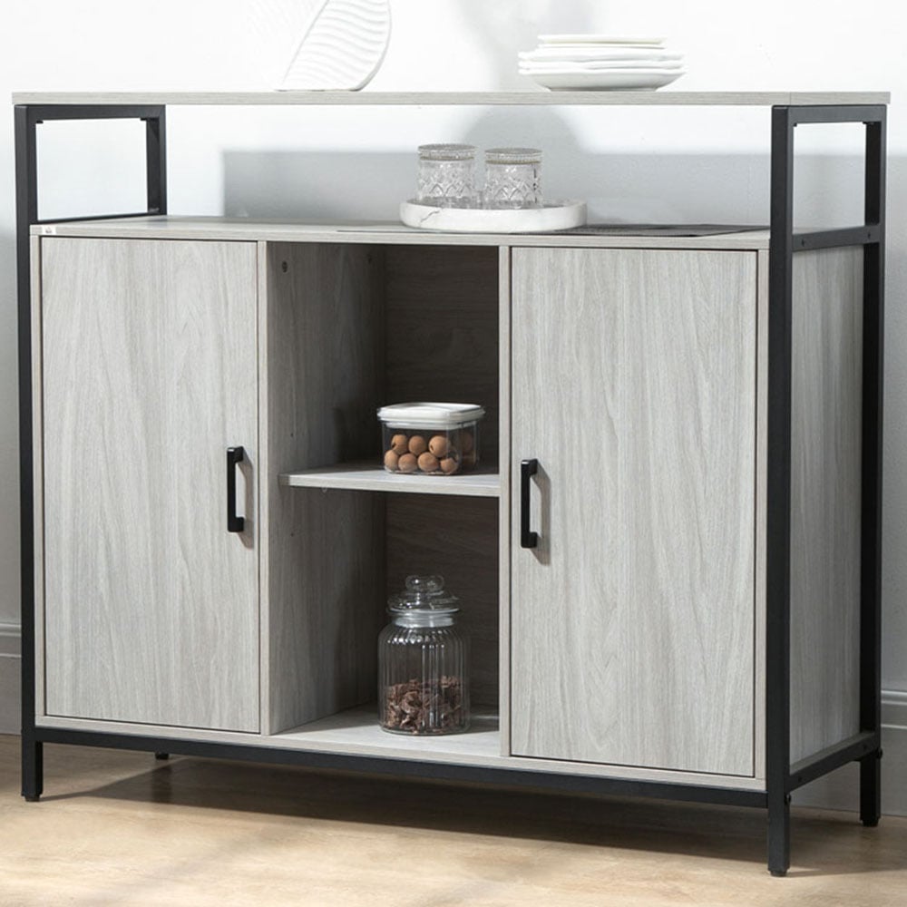 Portland Modern 2 Door 3 Shelf Light Grey Steel Frame Sideboard Image 1