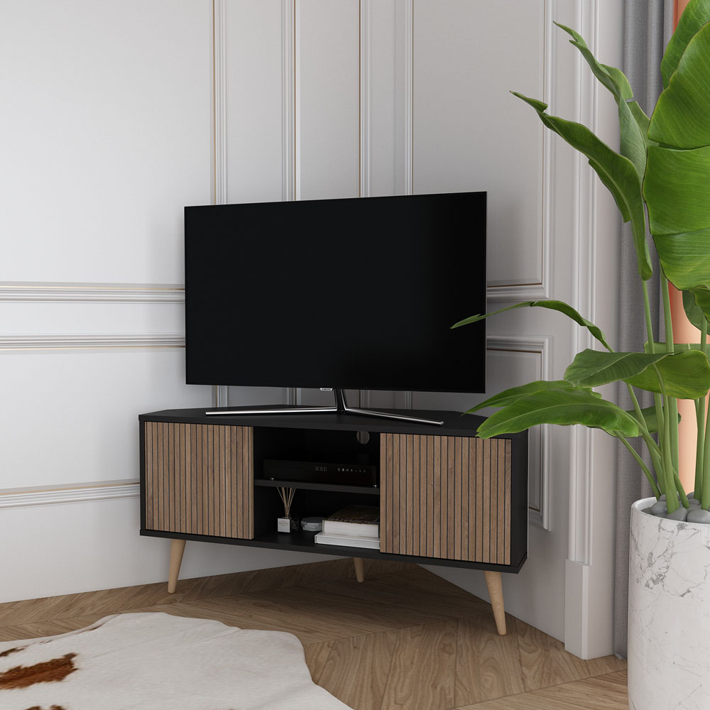 Decorotika Lesson 2 Door 2 Shelf Black and Alina Corner TV Unit Image 7