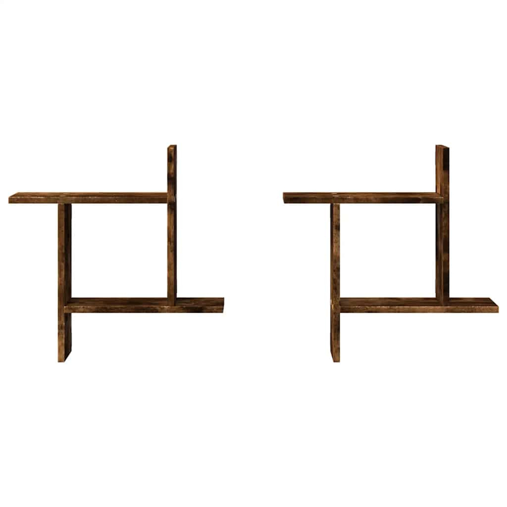 vidaXL 3 Shelf Smoked Oak Wall Shelf Set of 2 Image 4