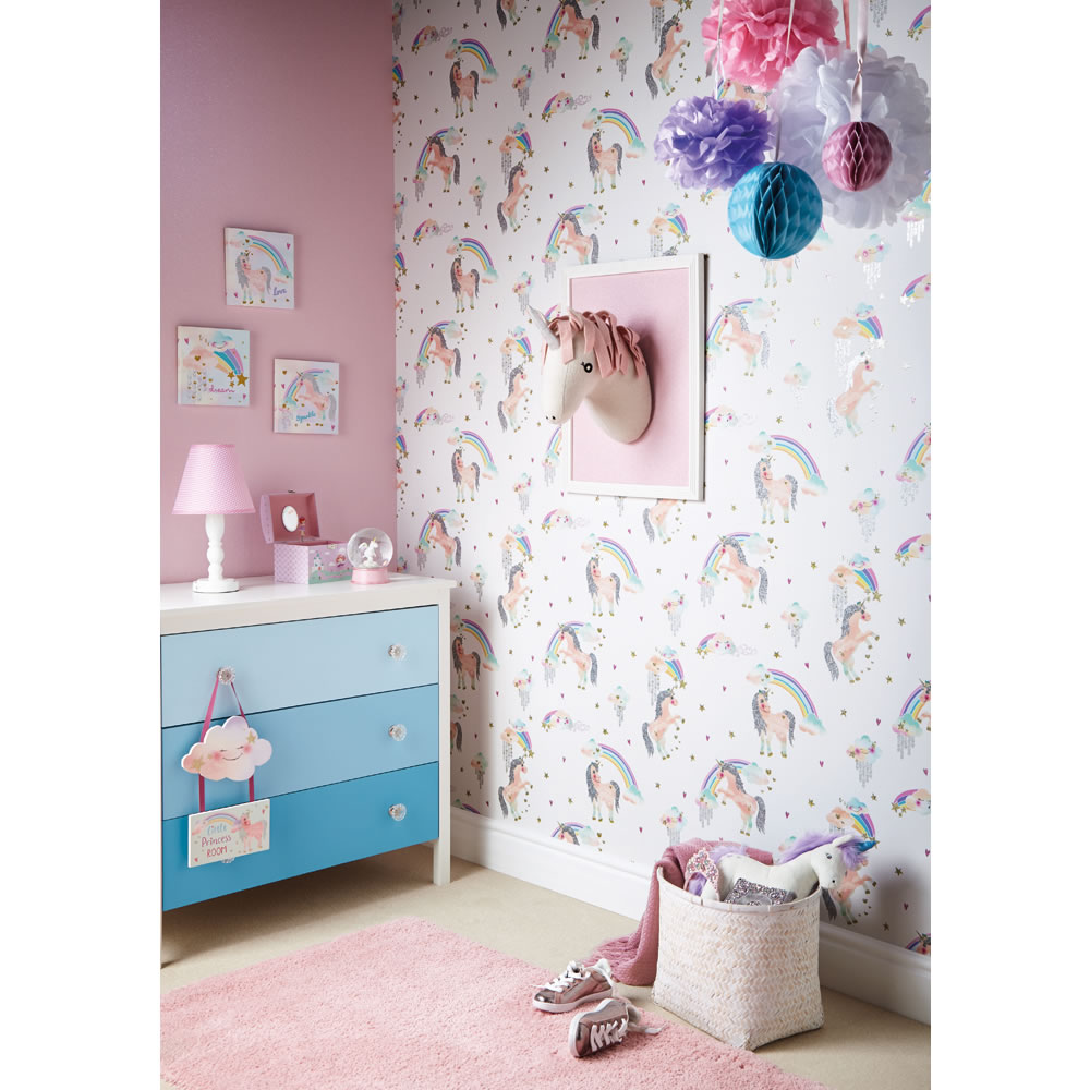 Arthouse Rainbow Unicorn White Kids' Wallpaper Image 2