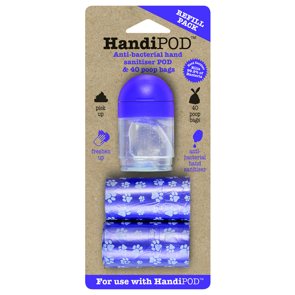 HandiPOD Purple Antibacterial Hand Sanitiser Pod and 40 Dog Poop Bags Image