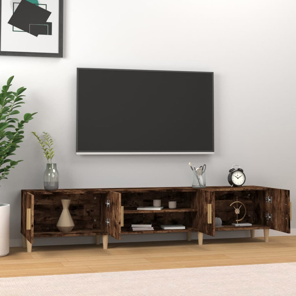 vidaXL 4 Door 2 Open Shelf Smoked Oak TV Cabinet with Wooden Legs Image 3