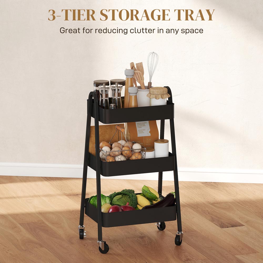 HOMCOM 3-Tier Black Kitchen Storage Trolley Image 6