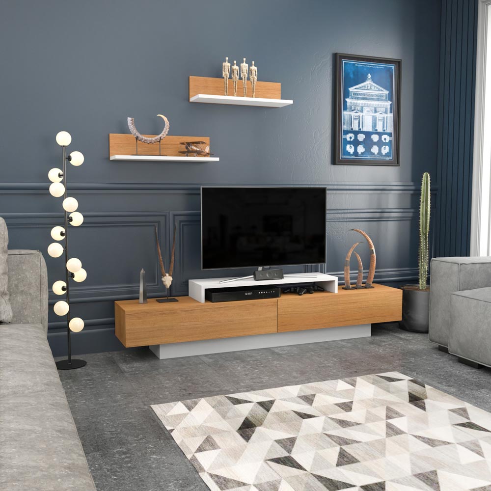 Decorotika Lusi 2 Door Single Shelf White and Teak TV Unit with 2 Wall Shelf Image 3