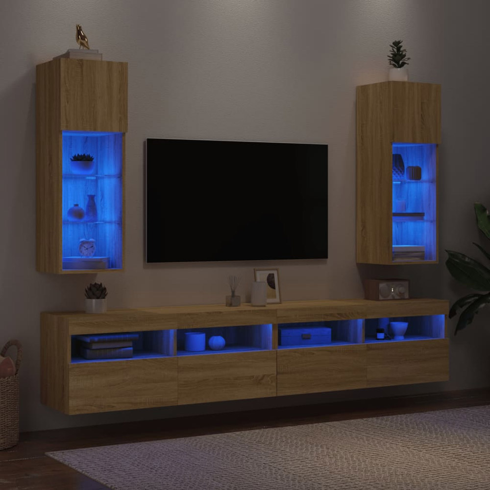 vidaXL Single Door 3 Open Shelf Sonoma Oak Narrow TV Cabinet with LED Light Set of 2 Image 4