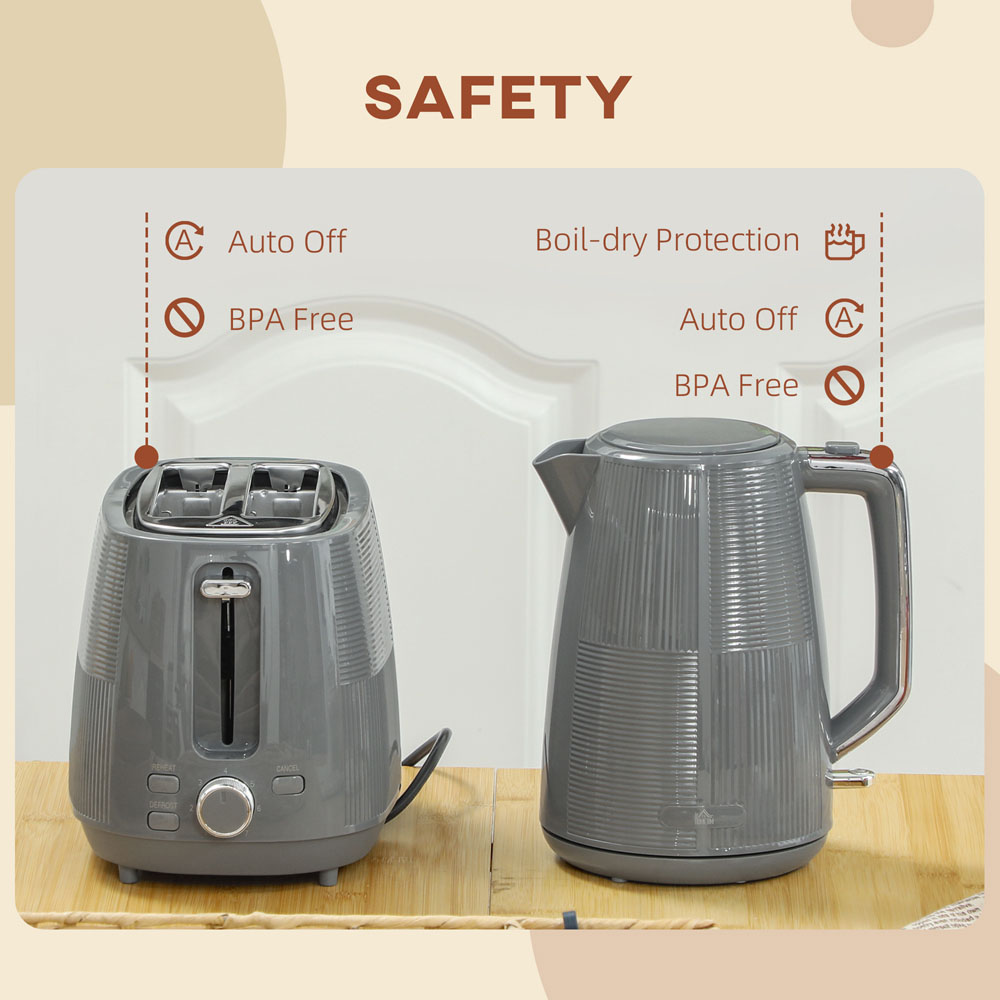 HOMCOM 800-233V70GY Grey 1.7L Fast Boil Electric Kettle 3000W and 2 Slice Water Toaster Set Image 7