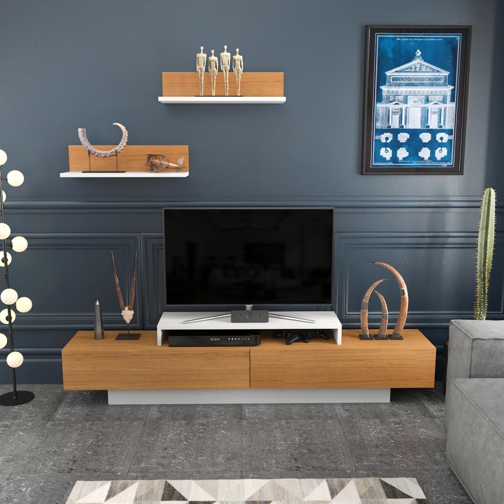 Decorotika Lusi 2 Door Single Shelf White and Teak TV Unit with 2 Wall Shelf Image 5