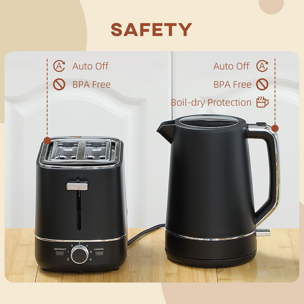 HOMCOM 800-232V70BK Black 1.7L Fast Boil Electric Kettle 3000W and 2 Slice Toaster Set Image 7