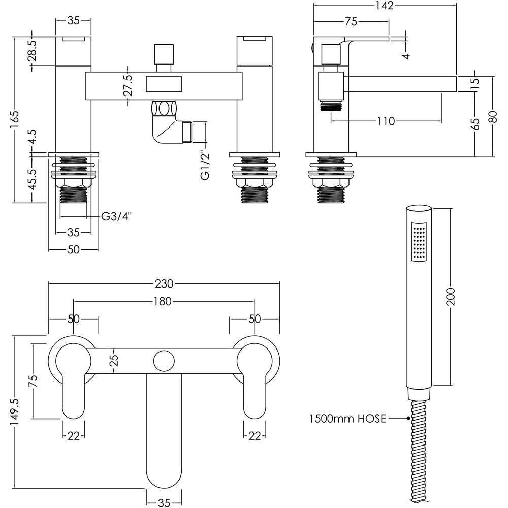 nuie Chrome Deck Mounted Bath Shower Mixer with Kit Image 2