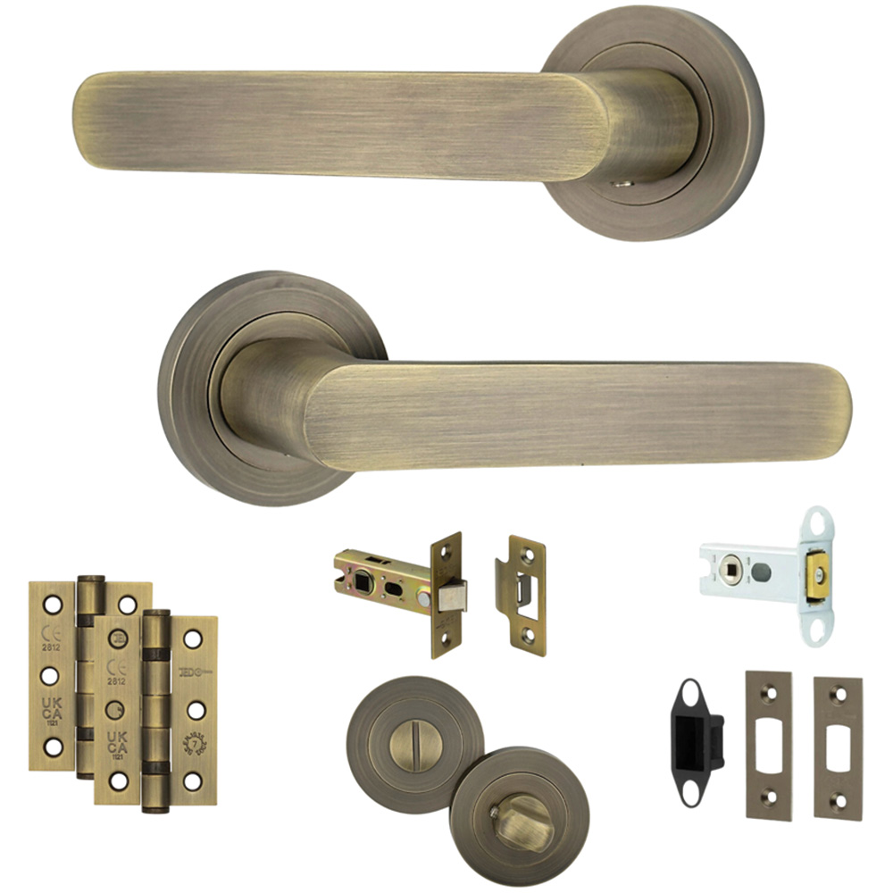 AXS Hardware Harlem Antique Brass Bathroom Door Handles on Rose 4 Pack Image 1