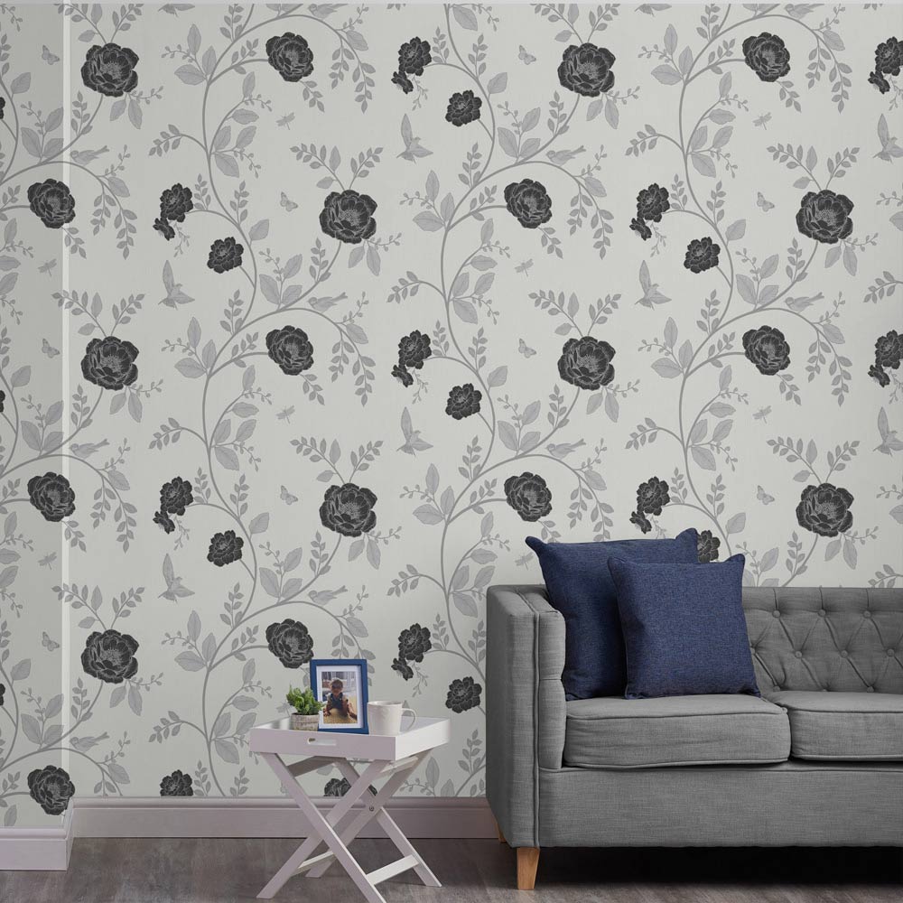 Wilko Rosanna Floral Black and White Wallpaper Image 3