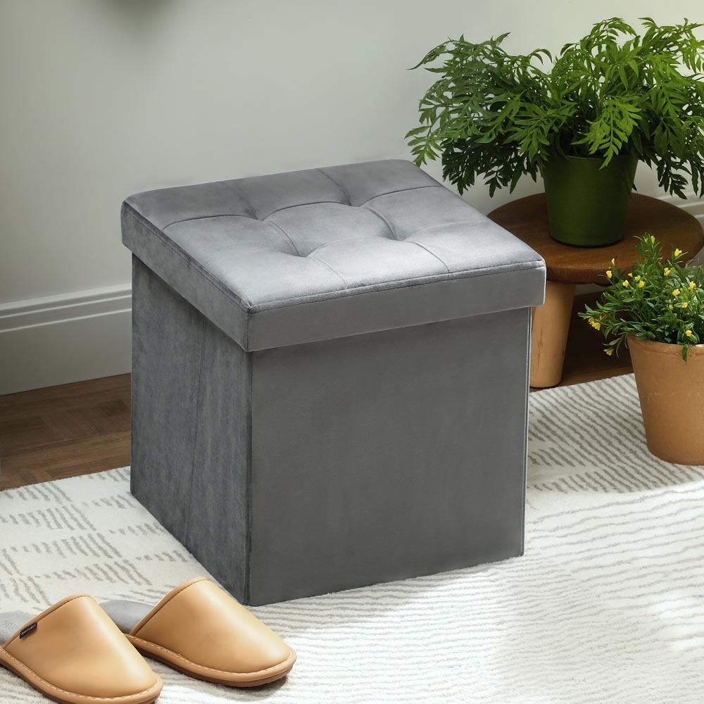 HOMCOM Grey Foldable Velvet Storage Ottoman Seat Image 4