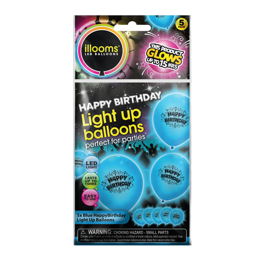 Illooms Light Up Balloons Blue Happy Birthday 5pk Image