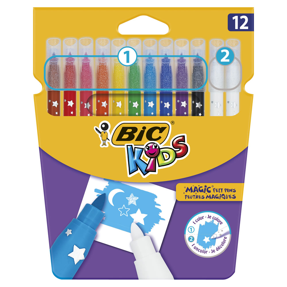 Bic Kids Magic Felt Pens 12 pack  - wilko Colour  erase felt pens. Erasable ink, correct your mistakes. Washable on most fabrics. Medium blocked tip. Ventilated cap. Warning! Not suitable for under 3 years old. Choking hazard. Bic Kids Magic Felt Pens 12 pack
