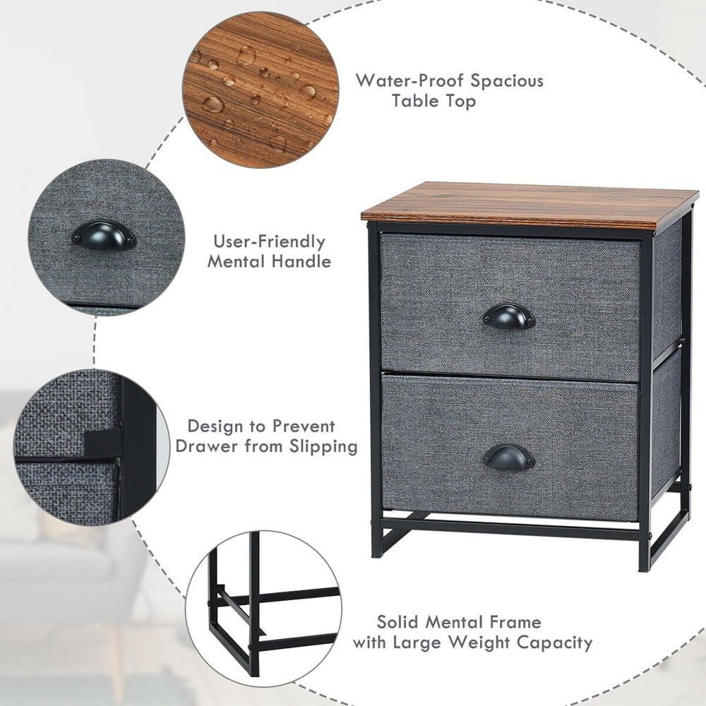 Costway Black 2 Drawer Fabric Nightstand Bedside Storage Cabinet Image 8