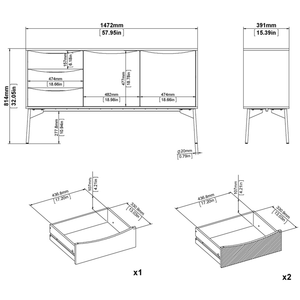 Florence Fur 2 Door 3 Drawer White and Grey Sideboard Image 8