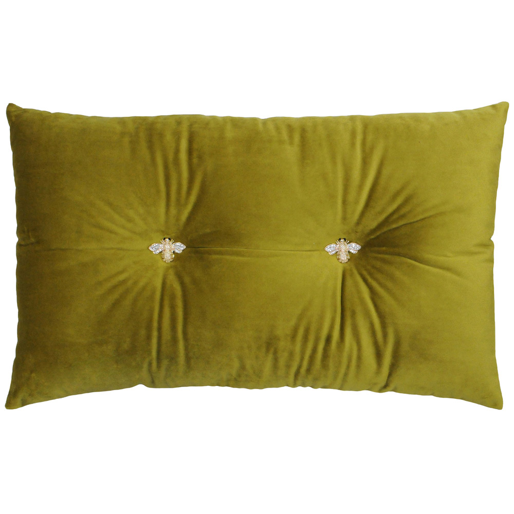 Paoletti Bumble Bee Olive Velvet Cushion Image 1