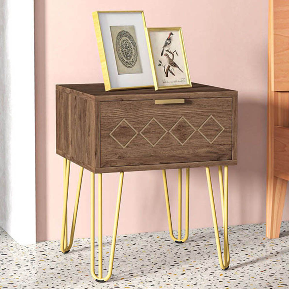 Portland Single Drawer Brown and Gold Bedside Table Image 1