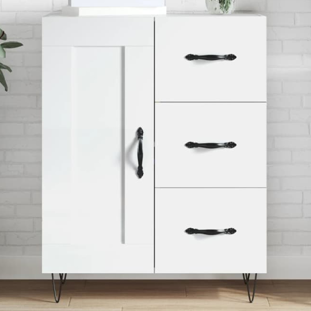 vidaXL Single Door 3 Drawer High Gloss White Sideboard Image 1