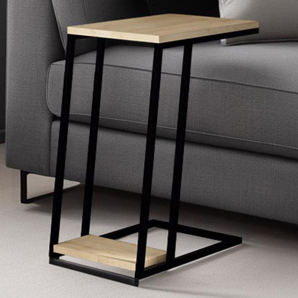 FWStyle Pal 2-Tier Oak Metal L Shaped Sofa End Table Image 1
