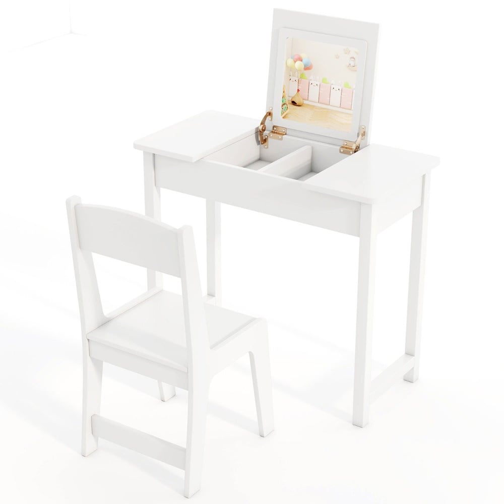 Costway 2 Drawer Single Shelf White 2 in 1 Kids Vanity Table Set with Flip Top Mirror Image 3