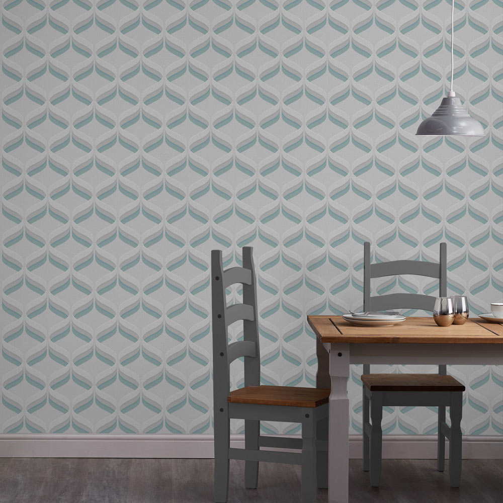 Fresco Retro Ogee Wallpaper Sky Blue Wilko