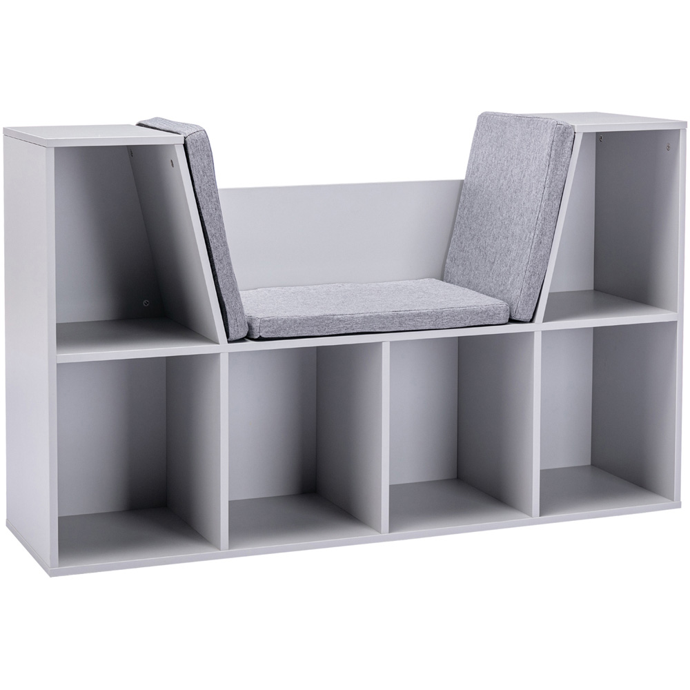 HOMCOM 6 Shelf Grey Kids Bookcase with Cushioned Reading Seat Image 2