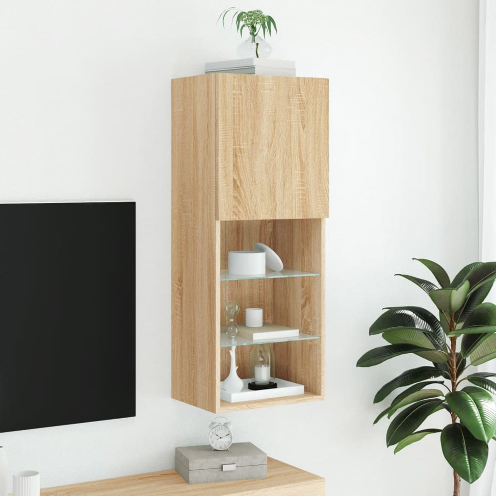 vidaXL Single Door 3 Open Shelf Sonoma Oak TV Cabinet with LED Light Image 4