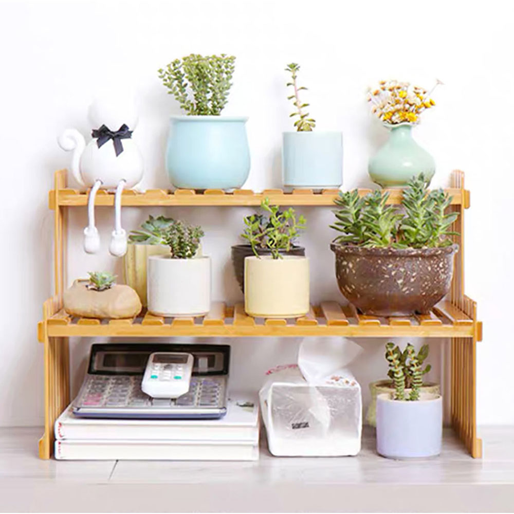 Living and Home 2 Shelf Wooden Tabletop Natural Plant Stand Image 5