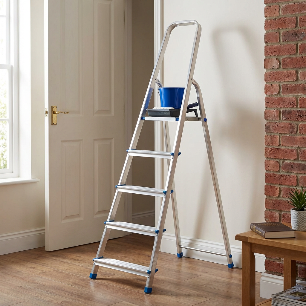 Aluminium 5 Step Single Sided Ladder with Pail Shelf Image 5