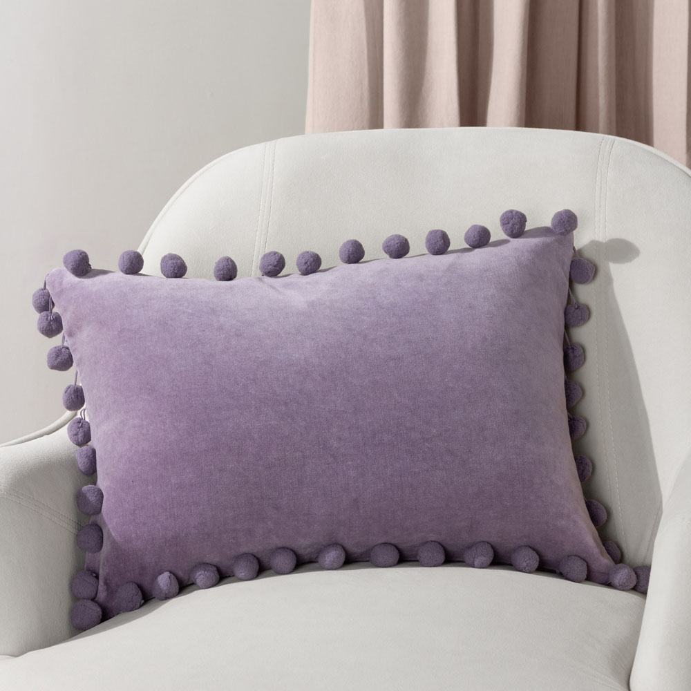 furn. Dora Lilac Velvet Pom Pom Cushion Image 2