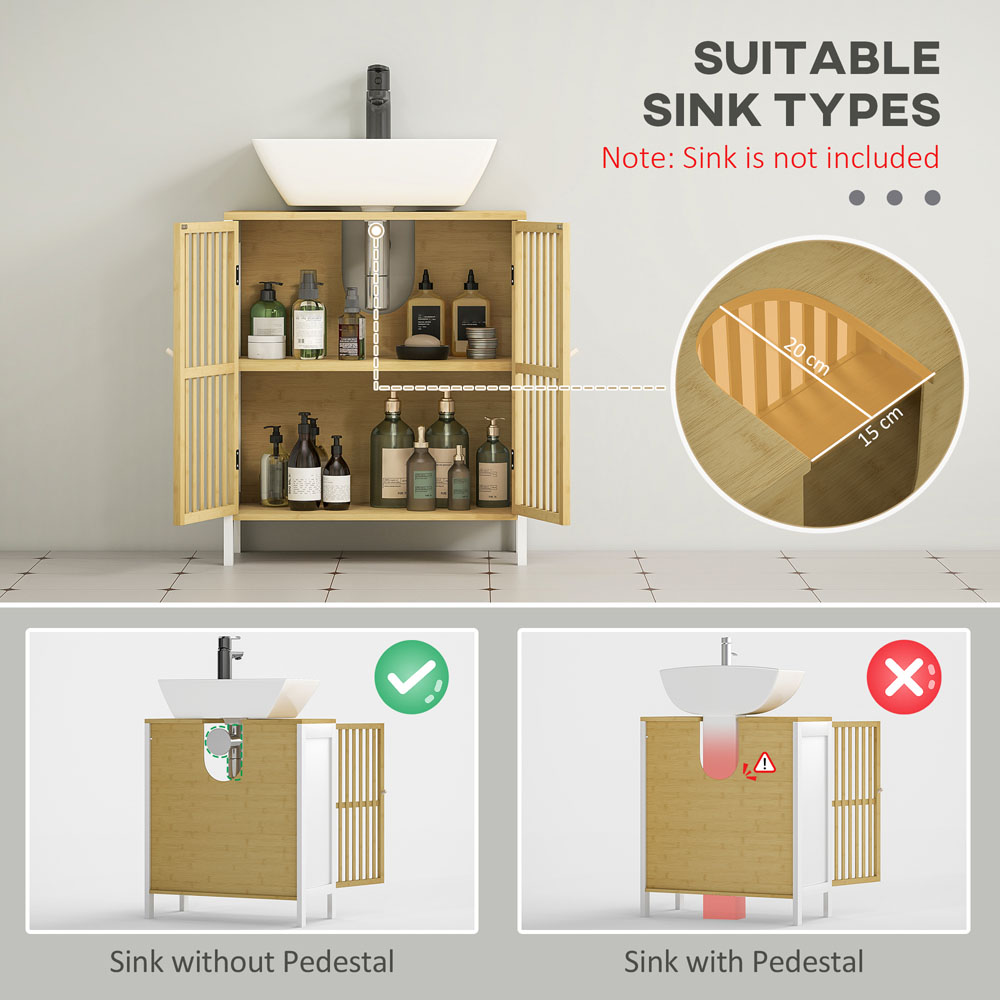 HOMCOM 2 Door White Bamboo Under Sink Bathroom Cabinet Image 4