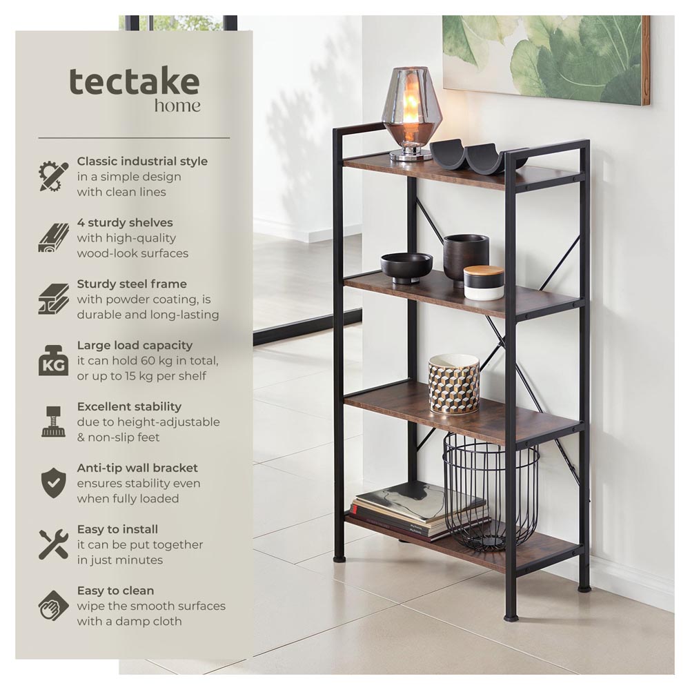 tectake Leeds 4 Shelf Industrial Dark Wood Bookcase Image 6
