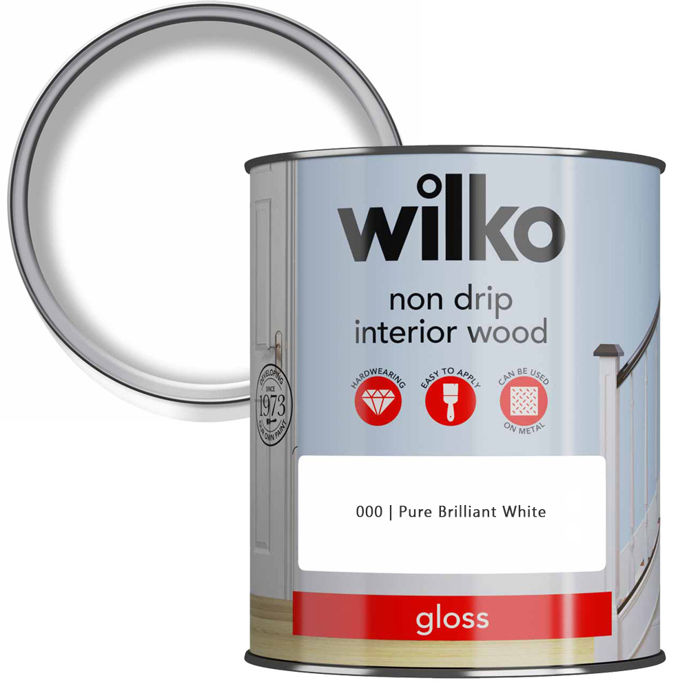 Wilko Non Drip Interior Wood Pure Brilliant White Gloss Paint 750ml Image 1