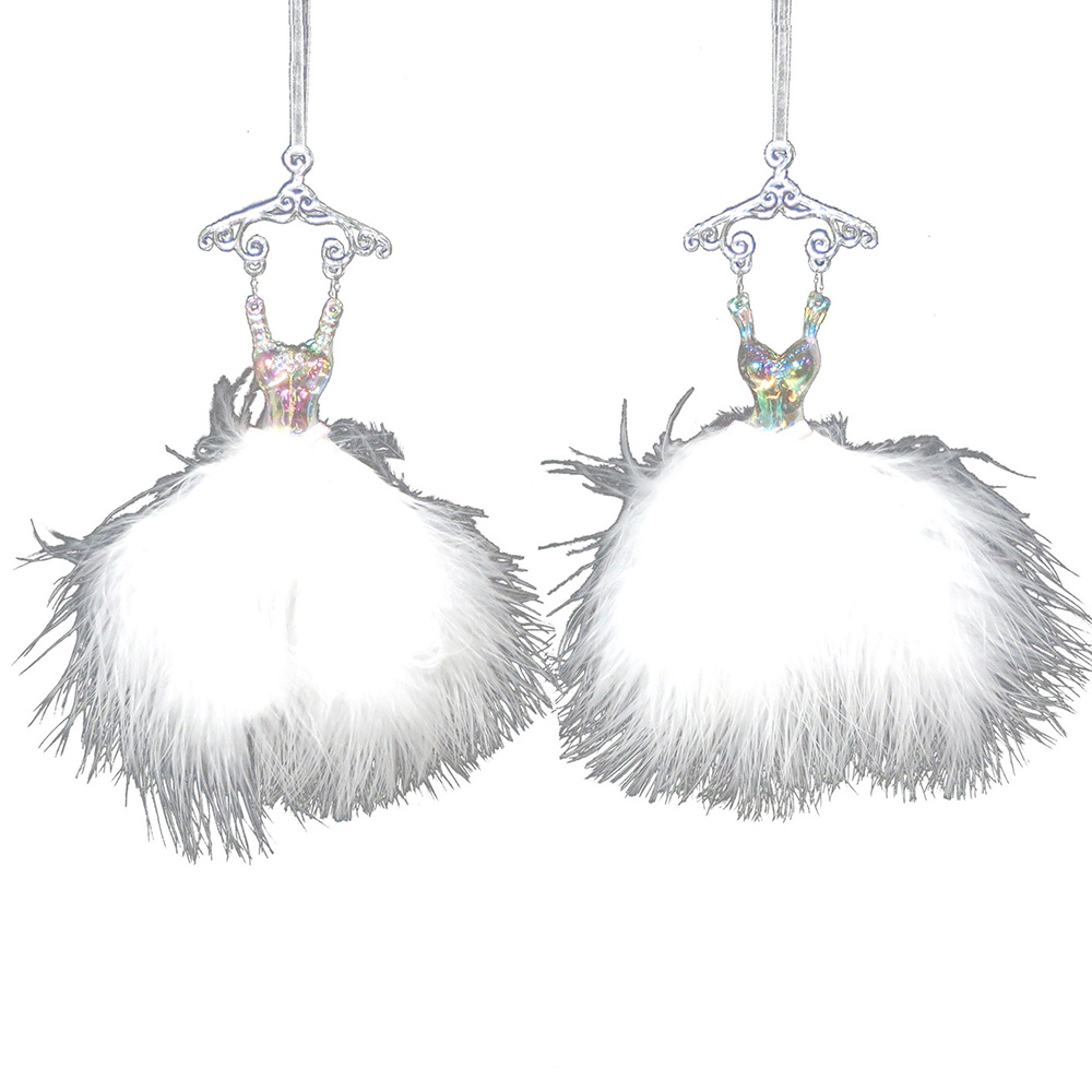 Single Frosted Fairytale White Feather Dress Hanging Ornament in Assorted styles Image