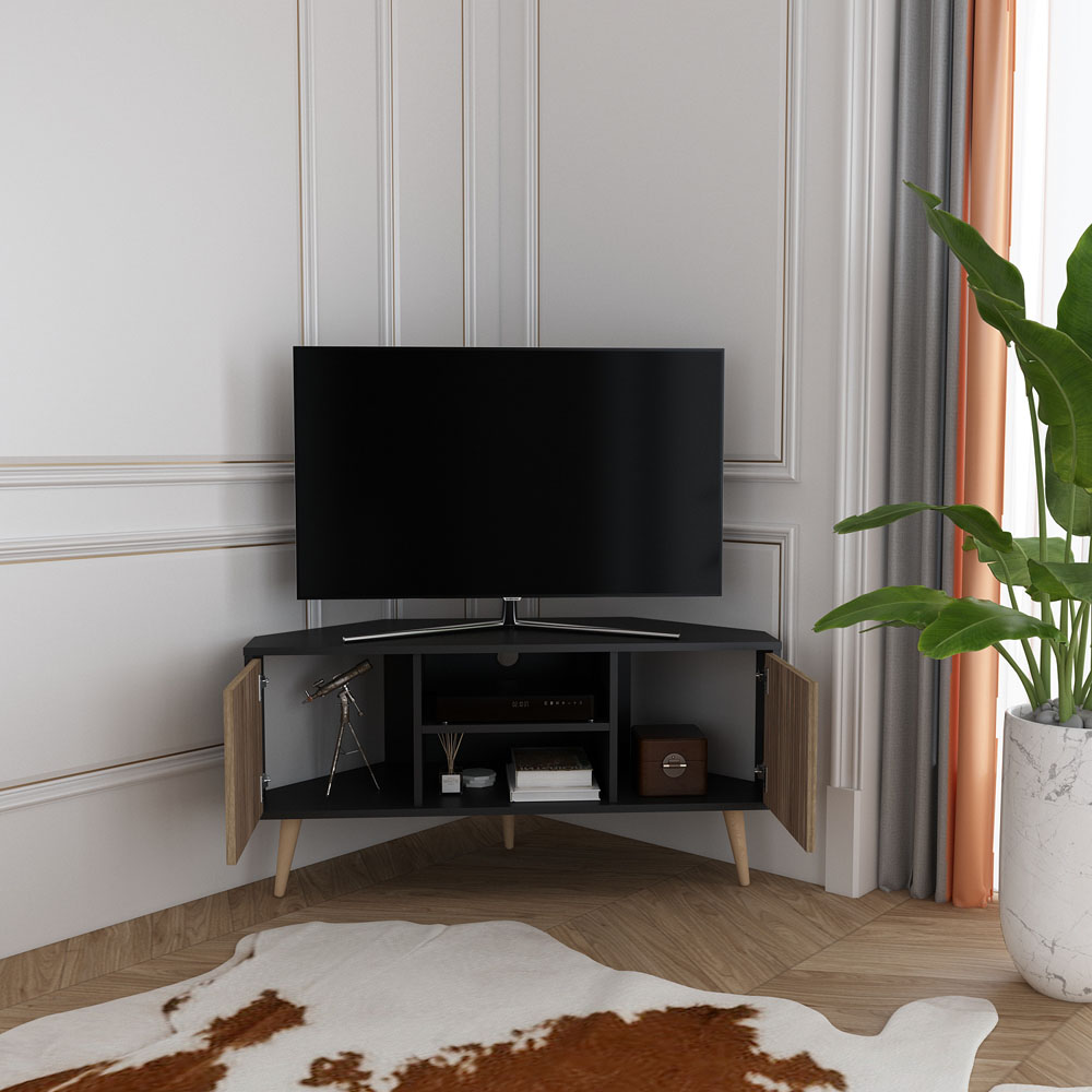 Decorotika Lesson 2 Door 2 Shelf Black and Alina Corner TV Unit Image 4