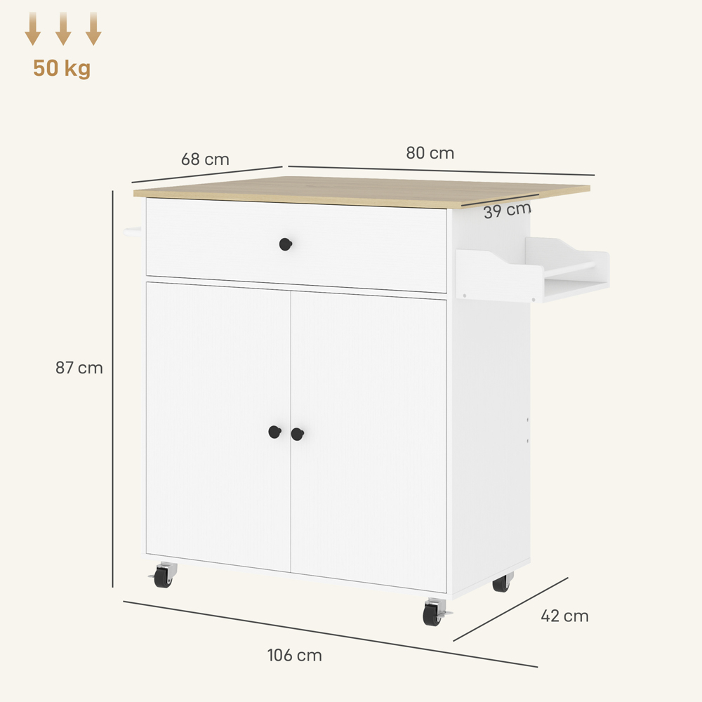 HOMCOM 2 Door Single Drawer White Kitchen Island Cart Image 9