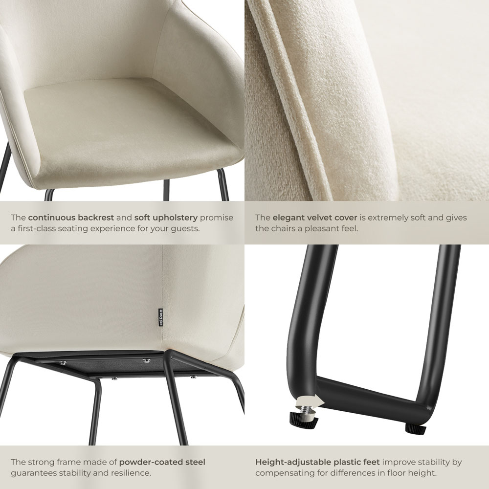 tectake Jeane Set of 4 Cream and Black Velvet Look Dining Chair Image 6
