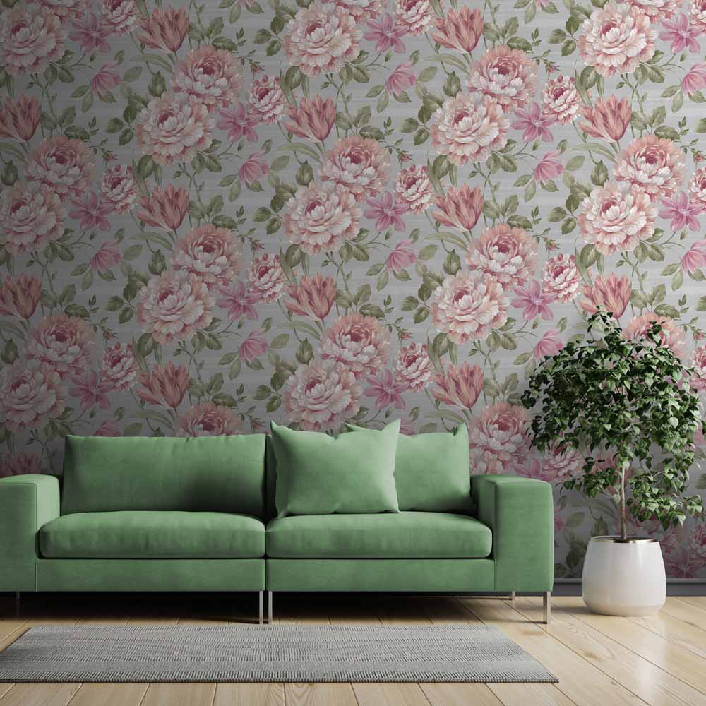 Muriva Fayre Floral Pink and Grey Wallpaper Image 4
