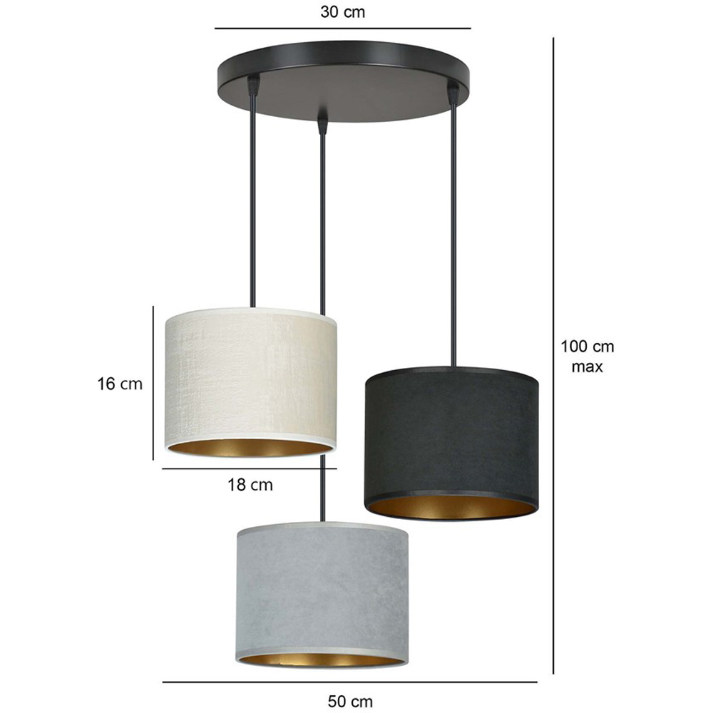 Emibig Hilde Prem 3 Light Black Grey and White Shade Black E27 Ceiling Pendant Light Image 9