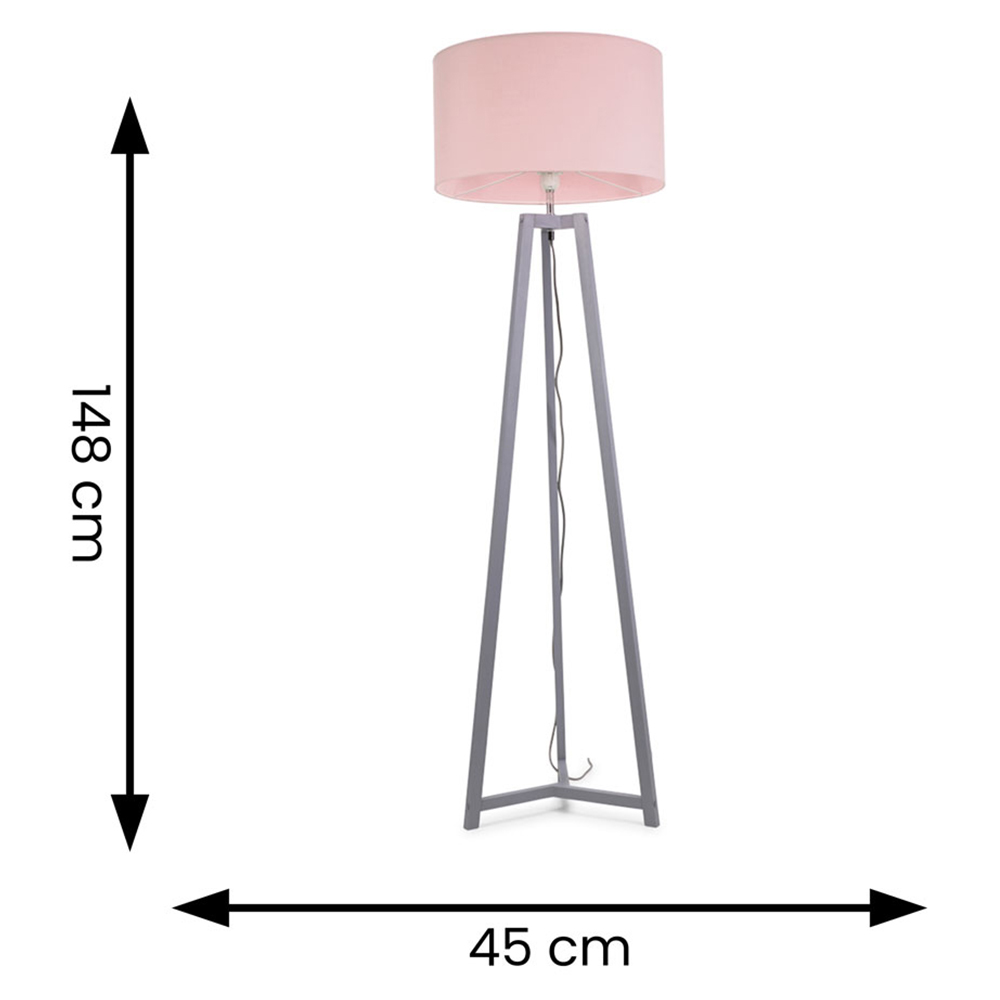 ValueLights Lottie Blush Pink Fabric Drum Shade Grey Wood Tripod LED Floor Lamp Image 4