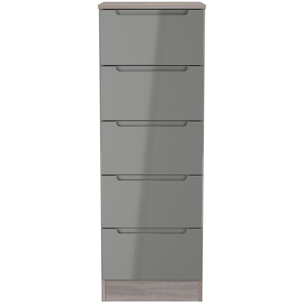 Crowndale Milan 5 Drawer Grey Gloss and Grey Oak Tall Bedside Cabinet Ready Assembled Image 2