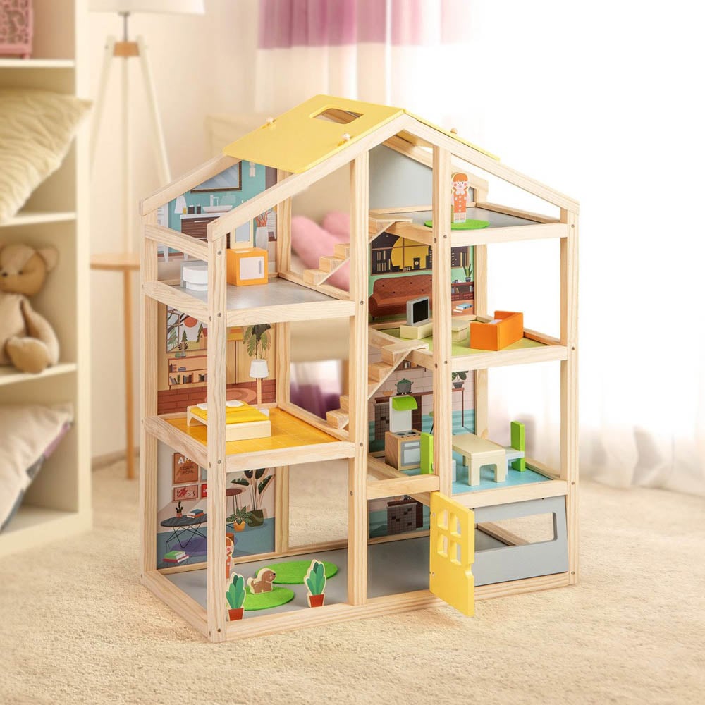 Costway Kids Yellow 18 Piece Wooden Dollhouse with 7 Rooms and Accessories Image 2