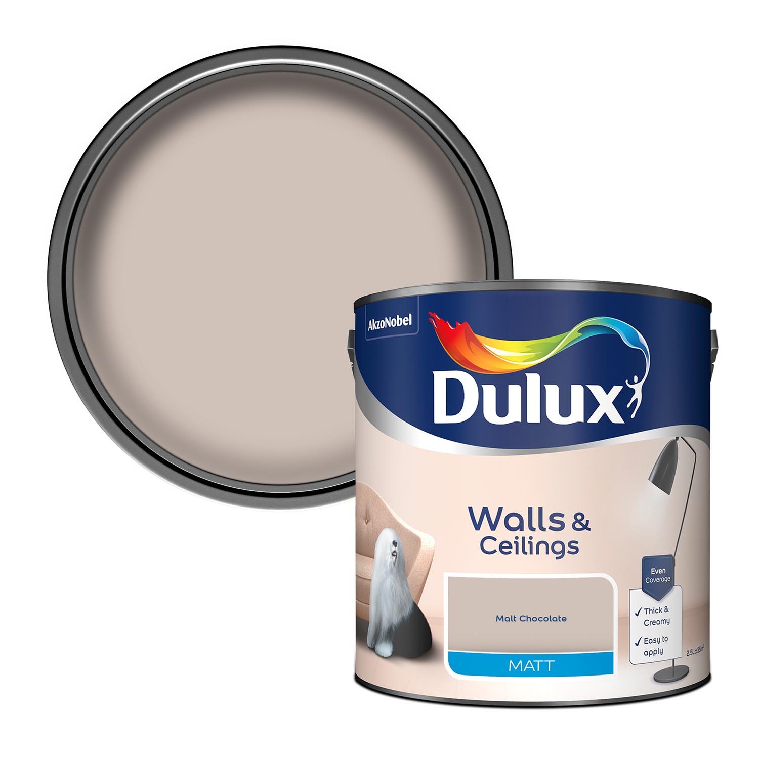 Dulux Walls and Ceilings Malt Chocolate Matt Emulsion Paint 2.5L Image 1