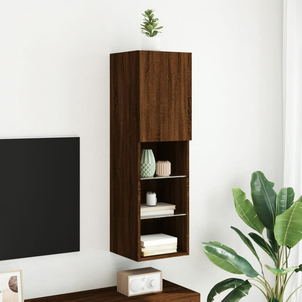 vidaXL Single Door 3 Open Shelf Brown Oak Narrow TV Cabinet with LED Light Image 4