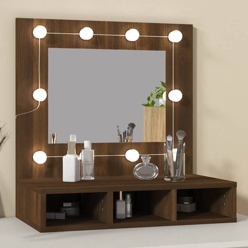 vidaXL 4 Open Shelf Brown Oak LED Mirror Bathroom Cabinet Image 1