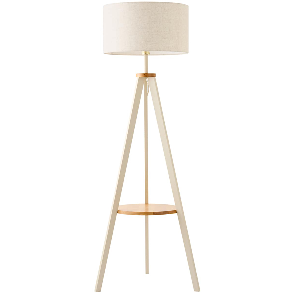 ValueLights Morrigan Cream Tripod Floor Lamp with Linen Fabric Drum Shade and Bulb Image 1