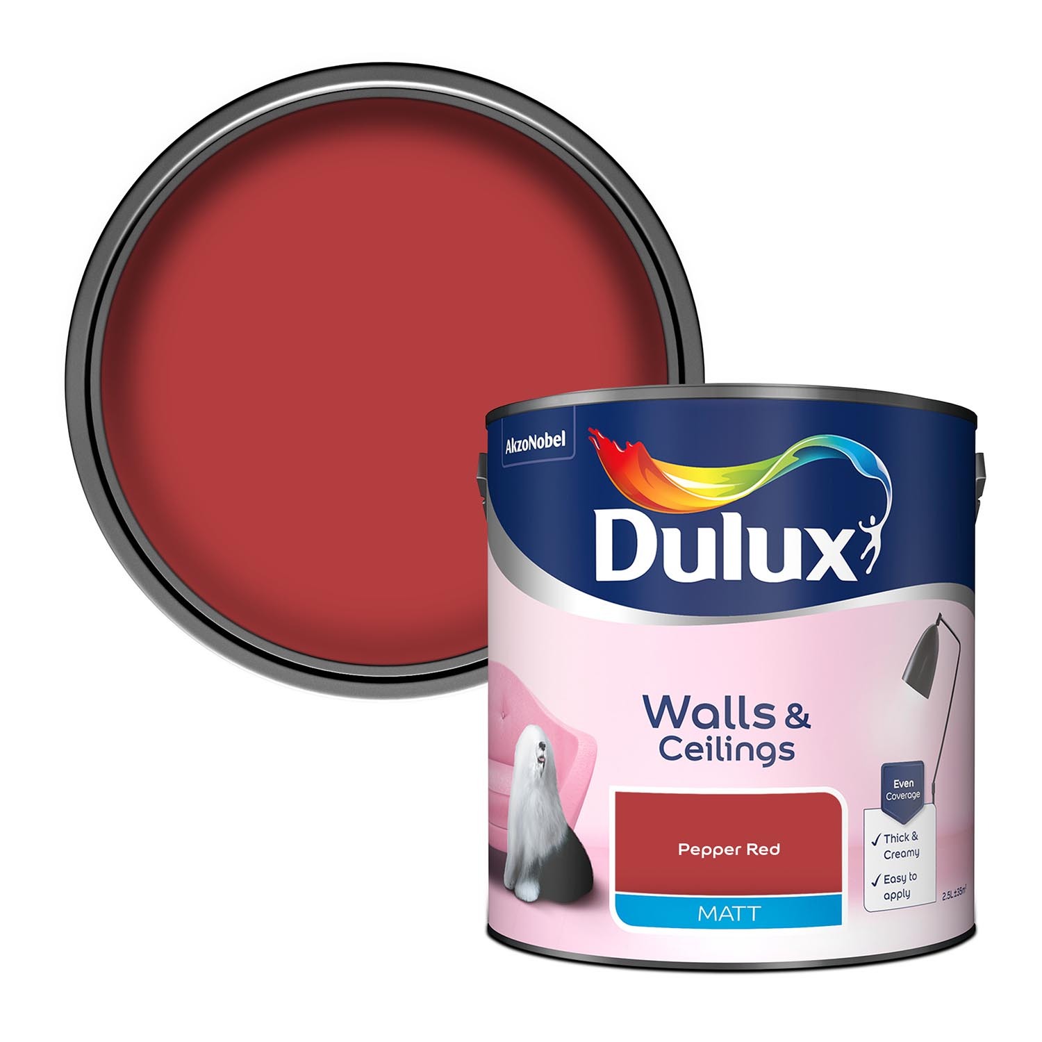 Dulux Walls & Ceilings Pepper Red Matt Emulsion Paint 2.5L Image 1
