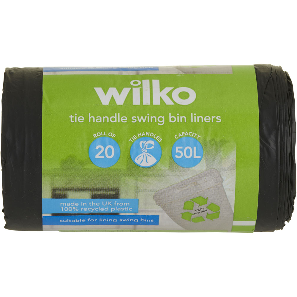 Wilko Tie Handle Swing Bin Liners Plastic Black 50L 20 Pack Image 2